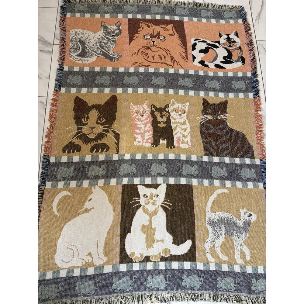 Vtg Cat Tapestry Throw Blanket Woven Fringed Checkerboard Window Kittens
